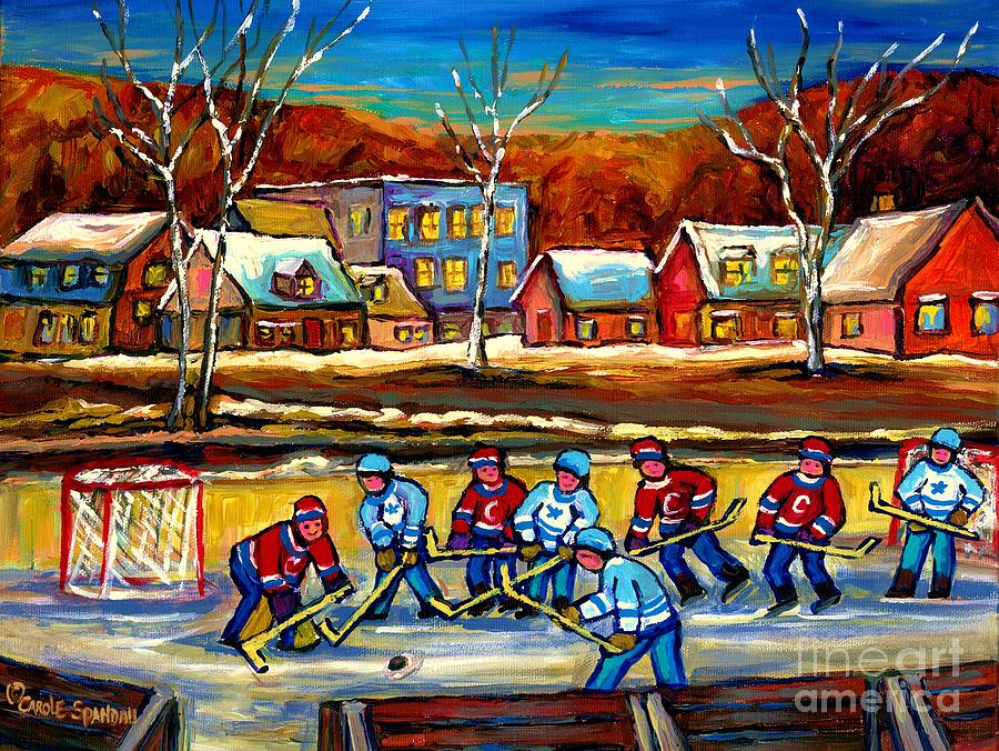 Winter Landscape Outdoor Hockey Game Canadian Village Scene Hockey Our National Sport Carole Spandau Painting by Carole Spandau