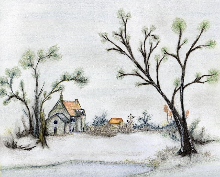 Winter Landscape With Cottage Drawing By Christine Corretti