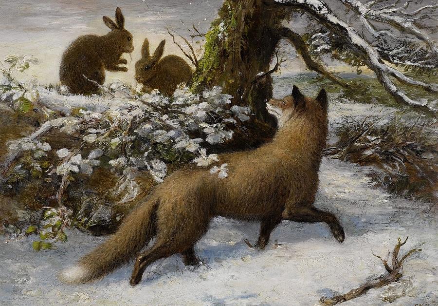 Winter Painting - Winter Landscape with Fox and Hares by MotionAge Designs