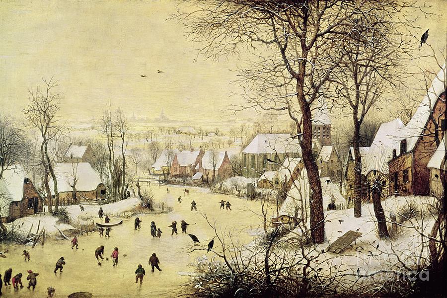 Winter Landscape with Skaters and a Bird Trap Painting by Pieter Bruegel the Elder