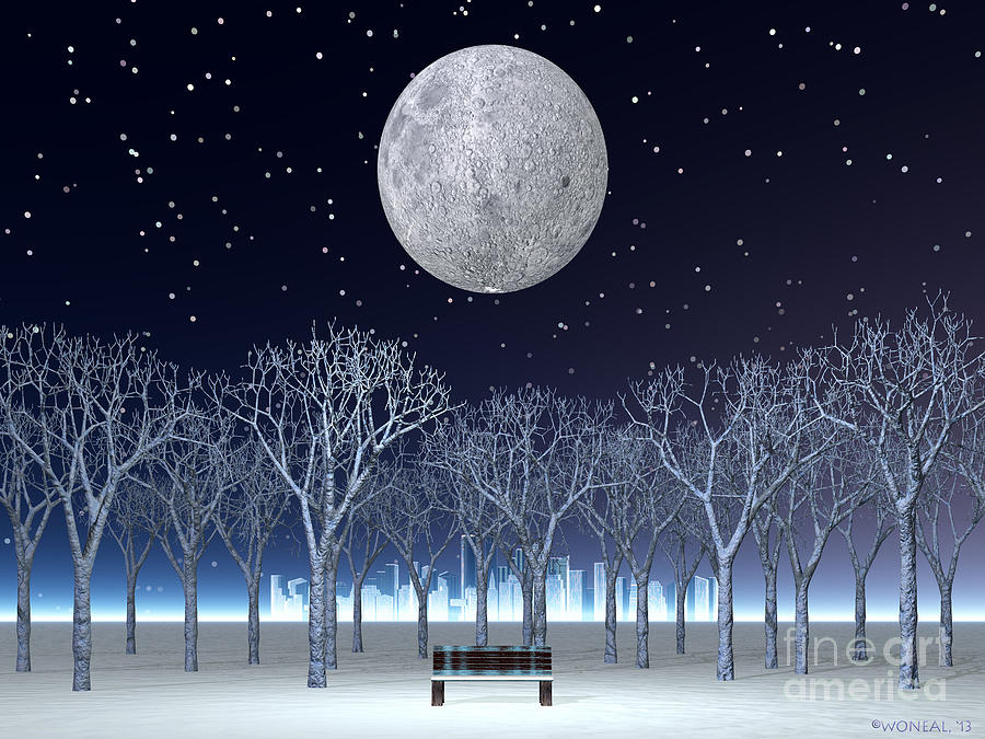 Architecture Digital Art - Winter Moon In City Park by Walter Neal