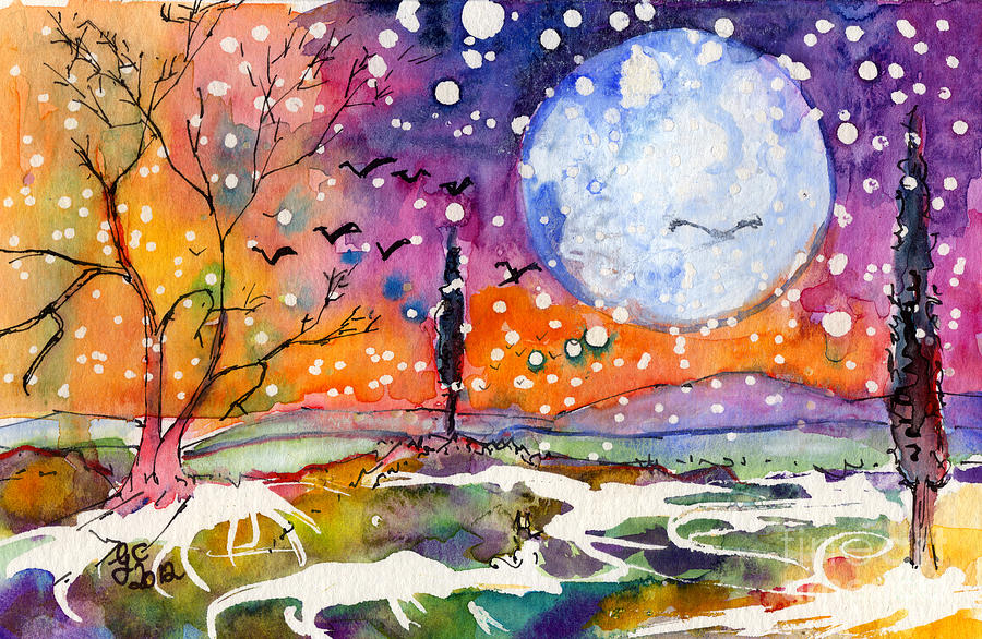 Winter Moon Whimsical Landscape Painting by Ginette Callaway