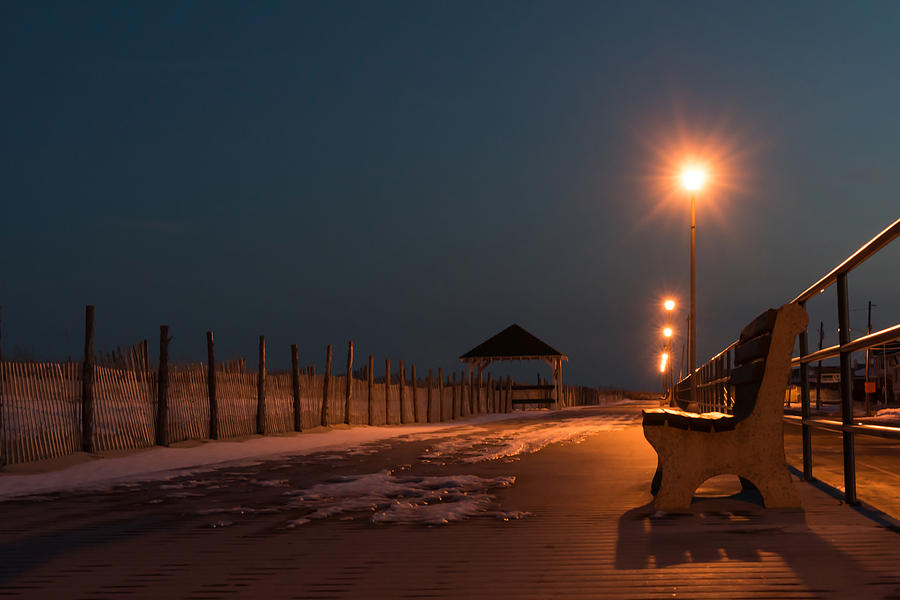 Winter Night Boardwalk Bench Seaside NJ  Photograph by Terry DeLuco