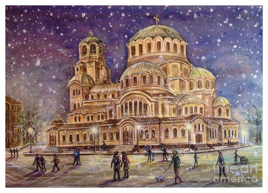 Winter night in Sofia Painting by Katerina Kovatcheva