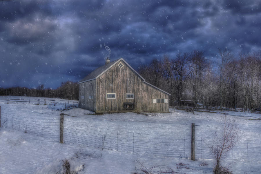 Winter Night in Vermont with Snow Falling over Barn Photograph by Joann Vitali