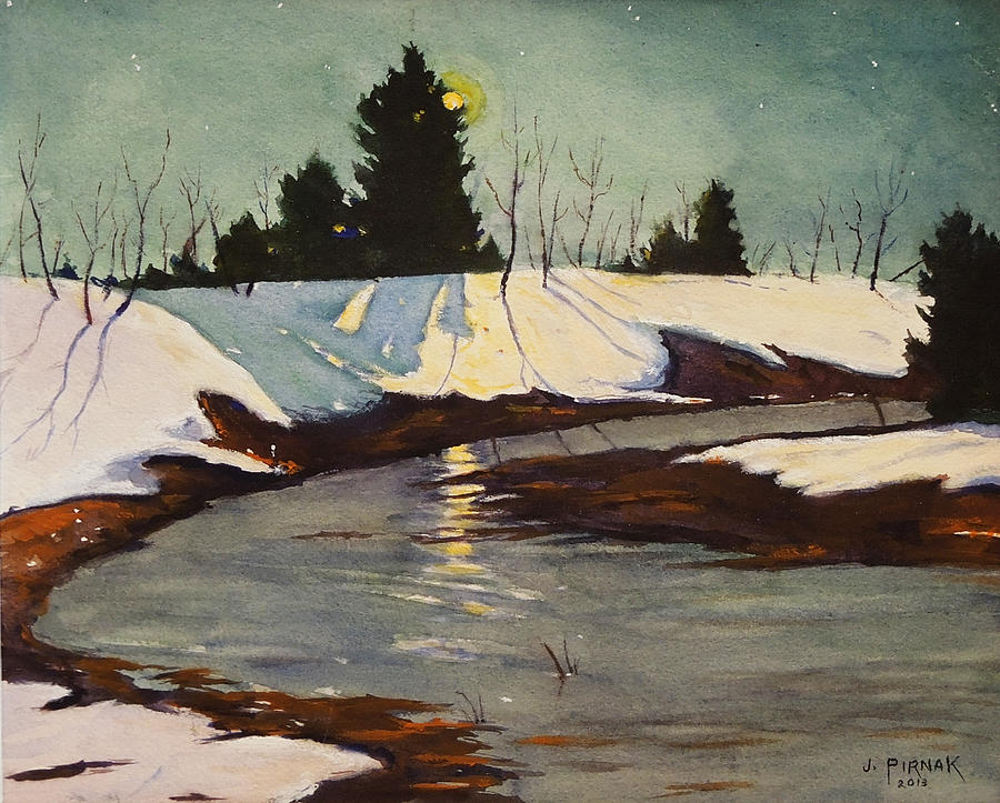 Winter Night..Matted  Painting by John Pirnak