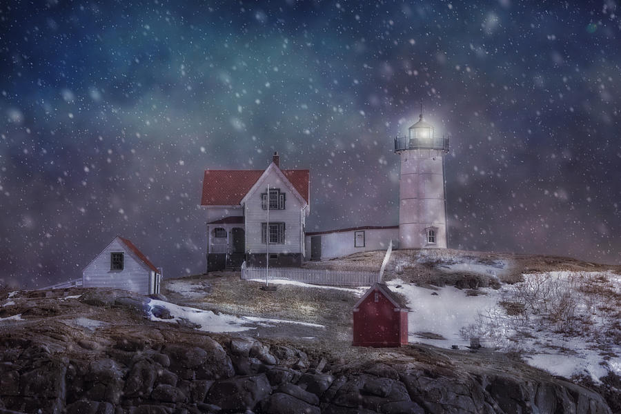 Snow Photograph - Winter Nights at Nubble Light by Joann Vitali
