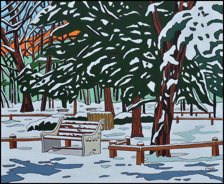 Winter on State Park Bench Painting by Mike Stanko