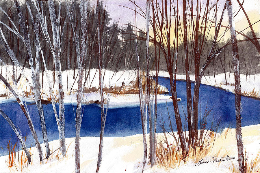 Winter Open River Painting by Laura Tasheiko