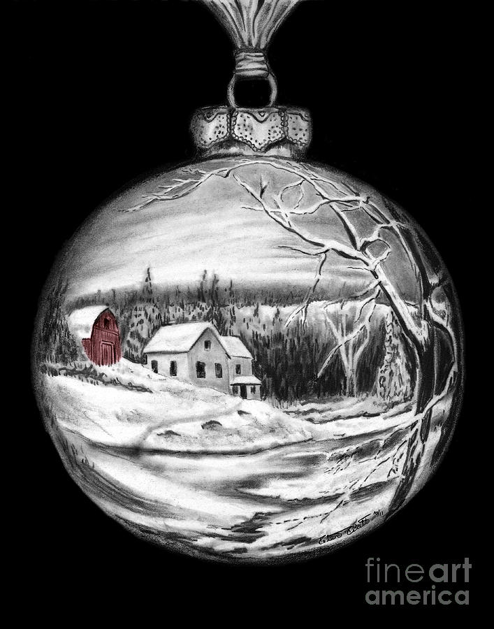 Christmas Drawing - Winter Scene Ornament Red Barn  by Peter Piatt