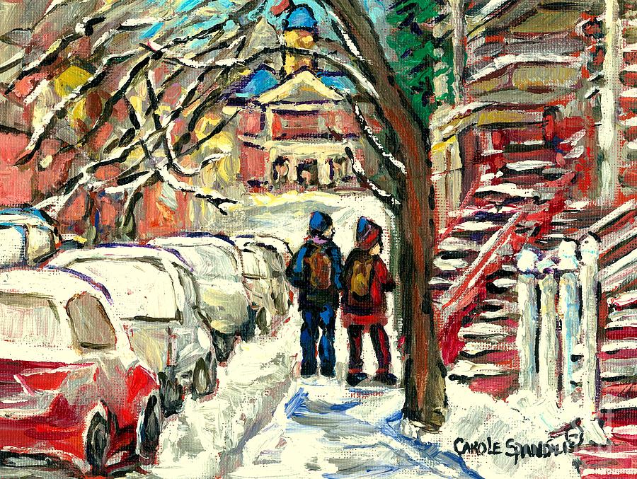Winter Scene Painting Rows Of Snow Covered Cars First School Day After Christmas Break Montreal Art Painting by Carole Spandau
