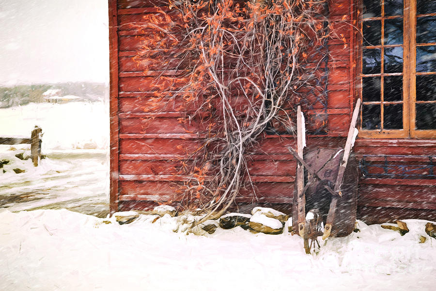 Winter scene with barn and wheelbarrow/ Digital Painting  Photograph by Sandra Cunningham