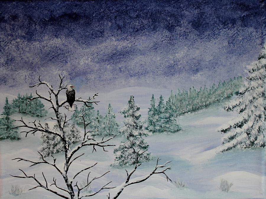 Winter Landscape Painting - Winter scene with eagle by Georgeta  Blanaru