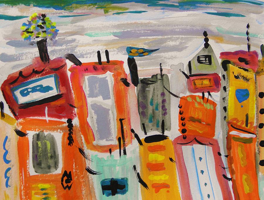 Winter Sky Colorful Town Painting by Mary Carol Williams