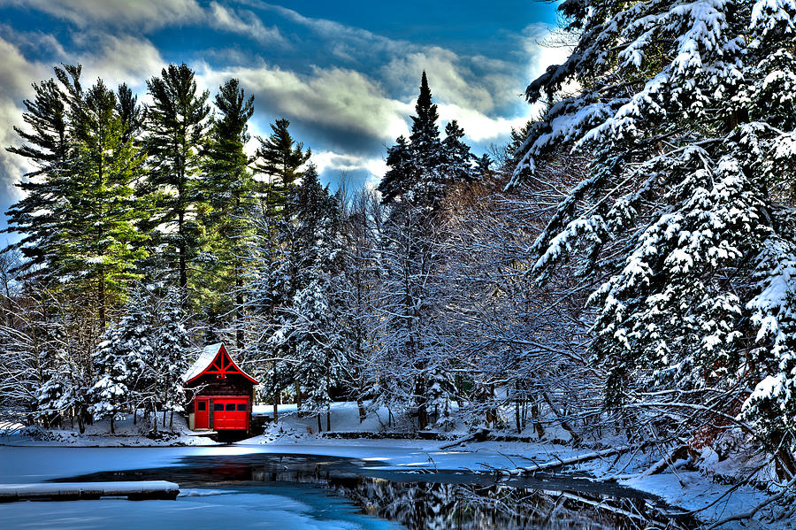 Winter Sun on the Red Boathouse Photograph by David Patterson