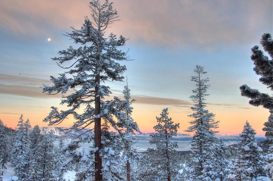 Winter Sunrise and Moonset on Lake Tahoe Photograph by Bruce Friedman