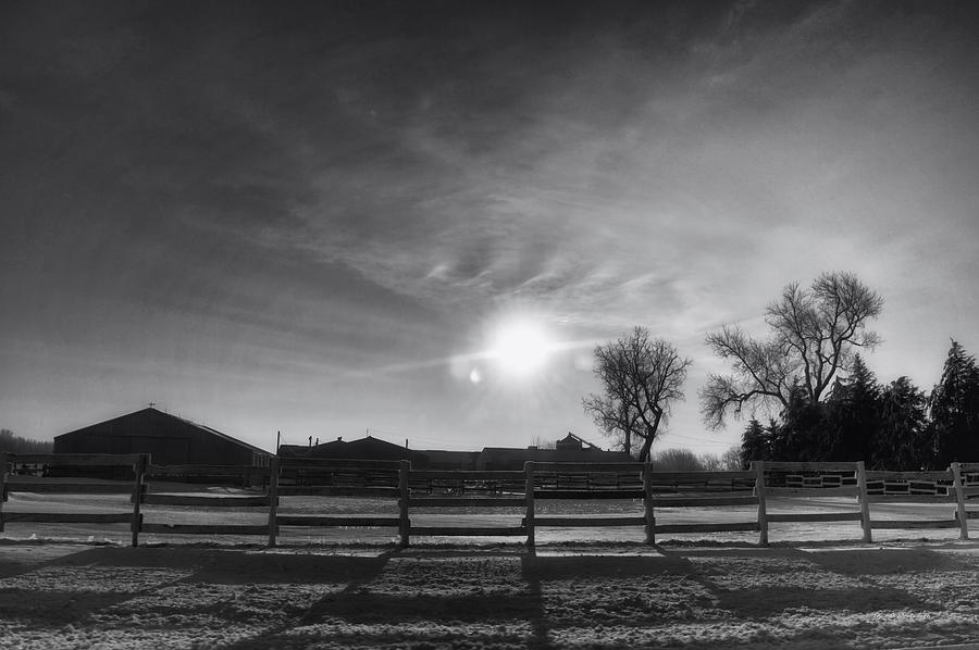 Winter Photograph - Winter Sunrise On The Farm 02 BW by Thomas Woolworth