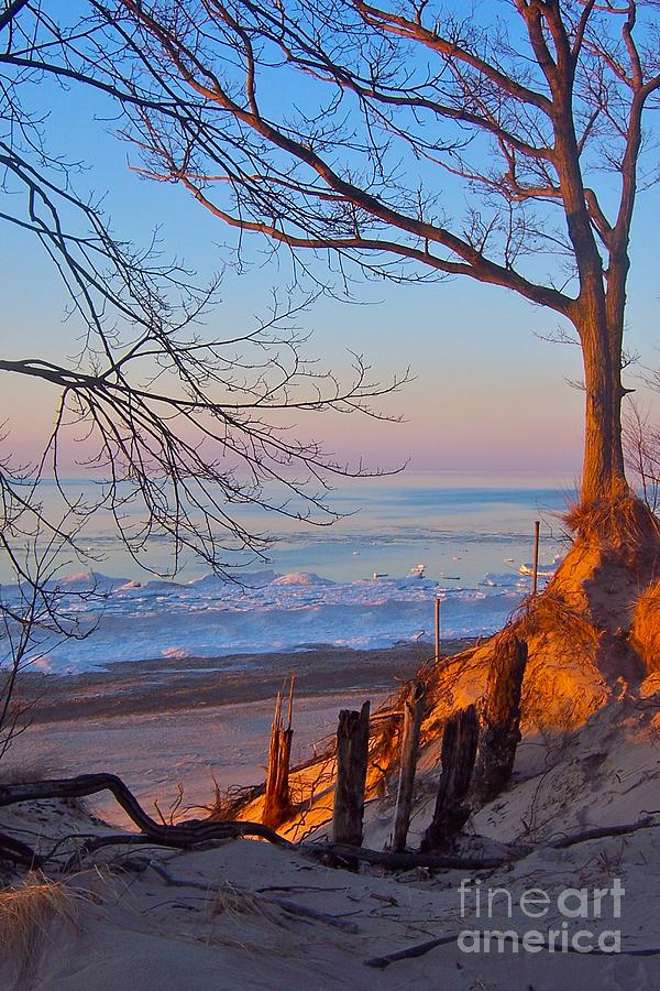 Winter Sunset on Frozen Lake Michigan  Photograph by Pamela Clements