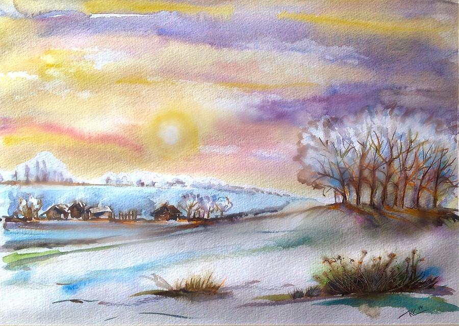 Winter sunset Painting by Katerina Kovatcheva