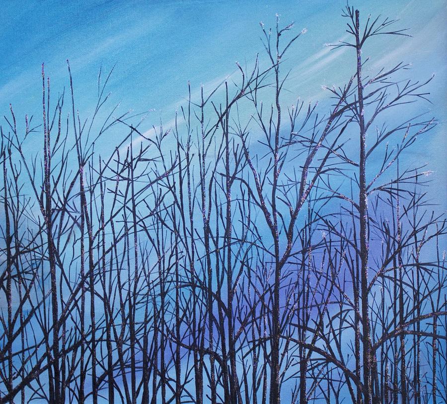 Winter trees against a blue sky Painting by Ellen Canfield