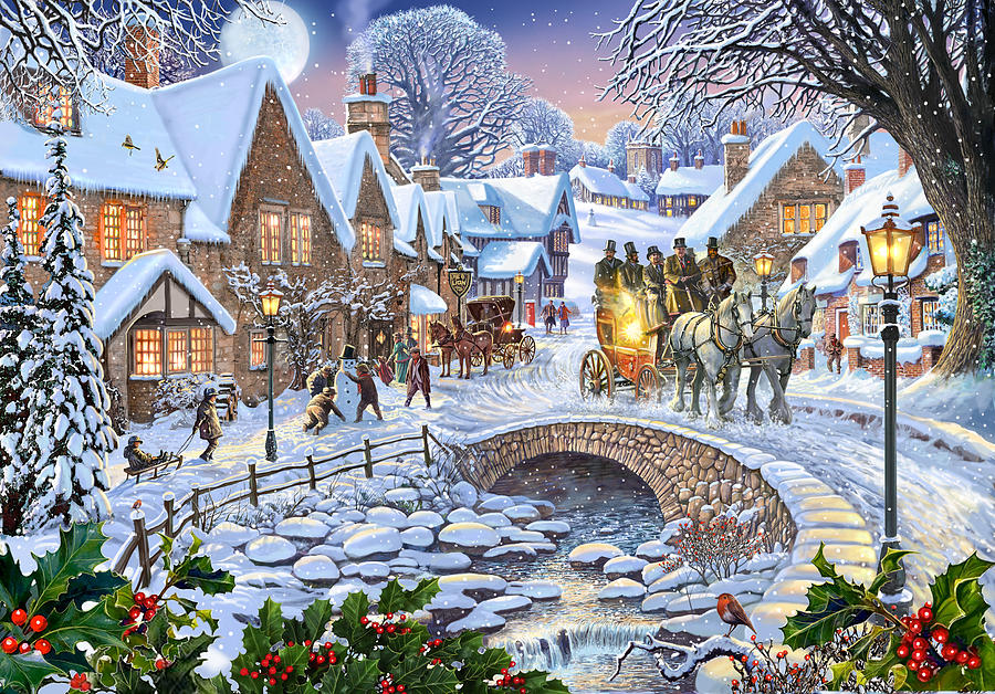 Winter Village Stream Painting by MGL Meiklejohn Graphics Licensing