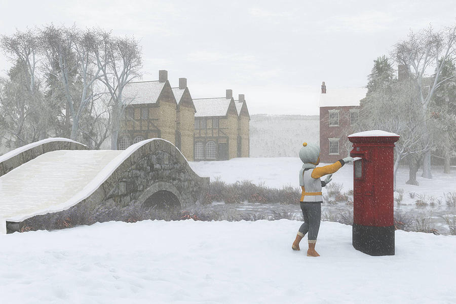 Winter Village With Postbox Digital Art
