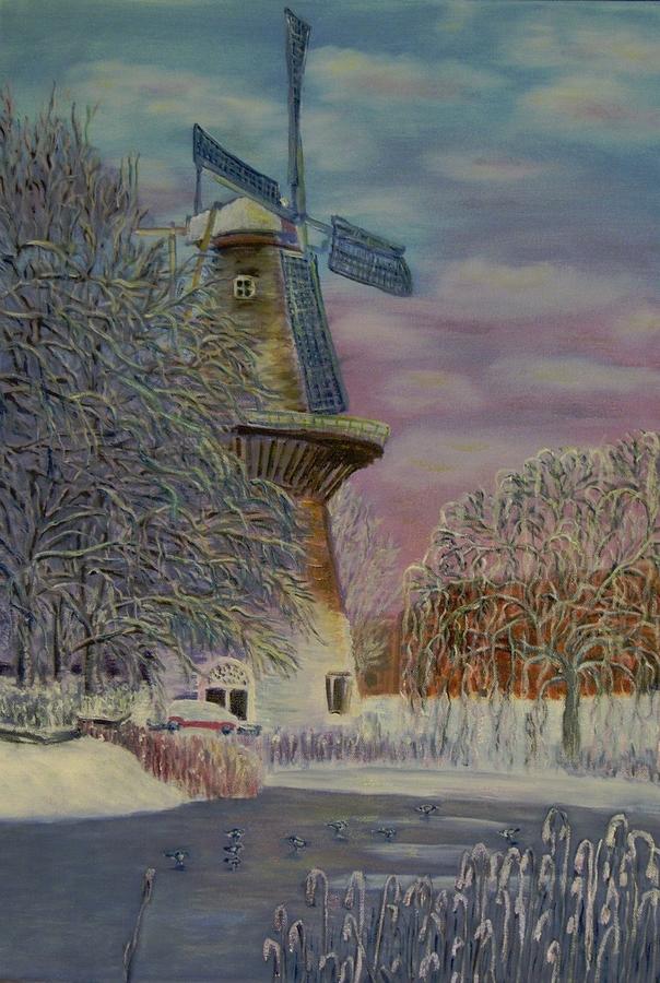 Winter Painting - Winter windmill in Schiedam by Elena Sokolova