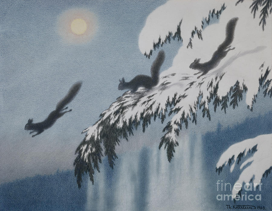 Winter evening Squirrel in flight Painting by Theodor Kittelsen