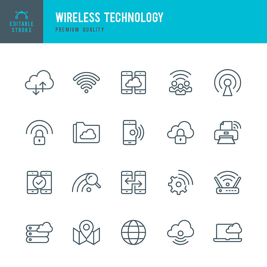 Wireless Technology - set of thin line vector icons Drawing by Fonikum