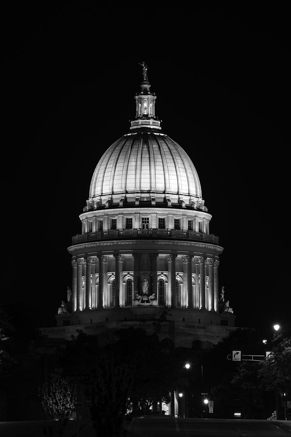 Wisconsin State Capitol Building at Night Black and White Photograph by Sebastian Musial