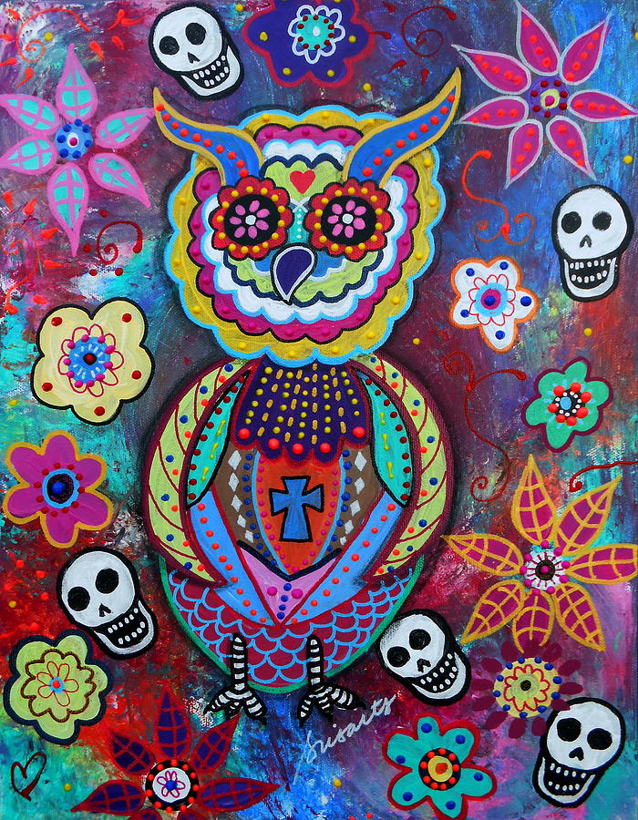 Wise Owl Dia De Los Muertos Painting by Pristine Cartera Turkus