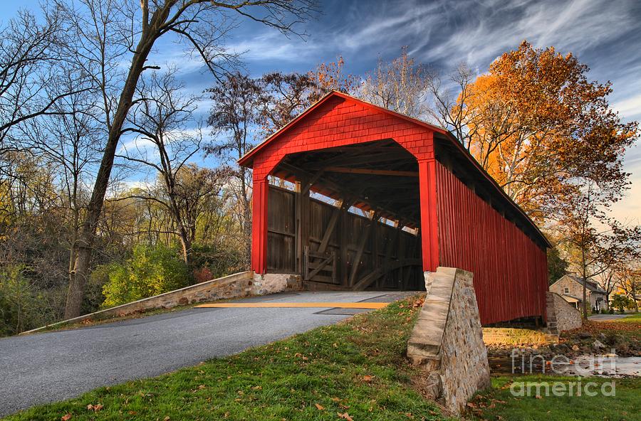 Bridge Photograph - Wispy Clouds Over The Poole Forge Covered Bridge by Adam Jewell