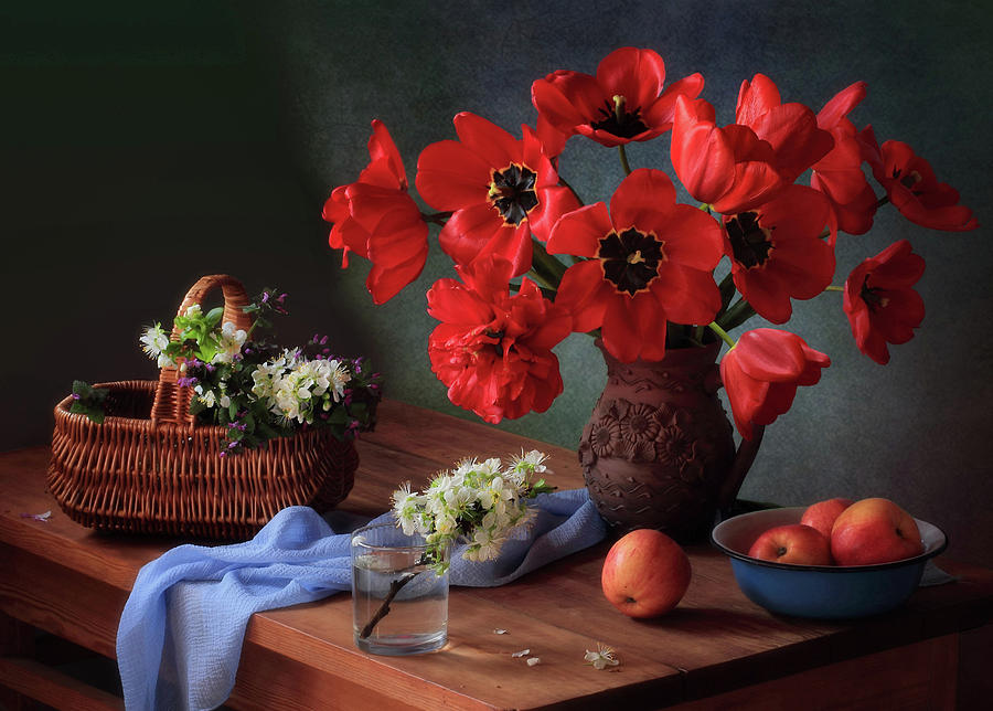 Apple Photograph - With A Bouquet Of Red Tulips by ??????? ????????