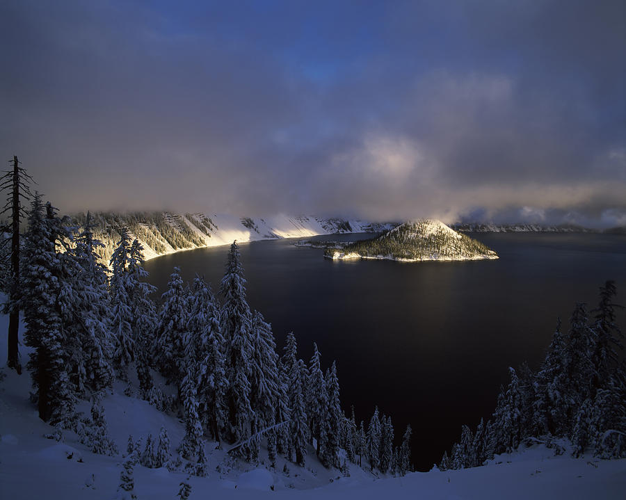 Crater Lake National Park Photograph - Wizard Island At Crater Lake In Winter by Panoramic Images