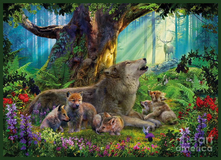 Wolves Digital Art - Wolf and Cubs in the Woods by MGL Meiklejohn Graphics Licensing