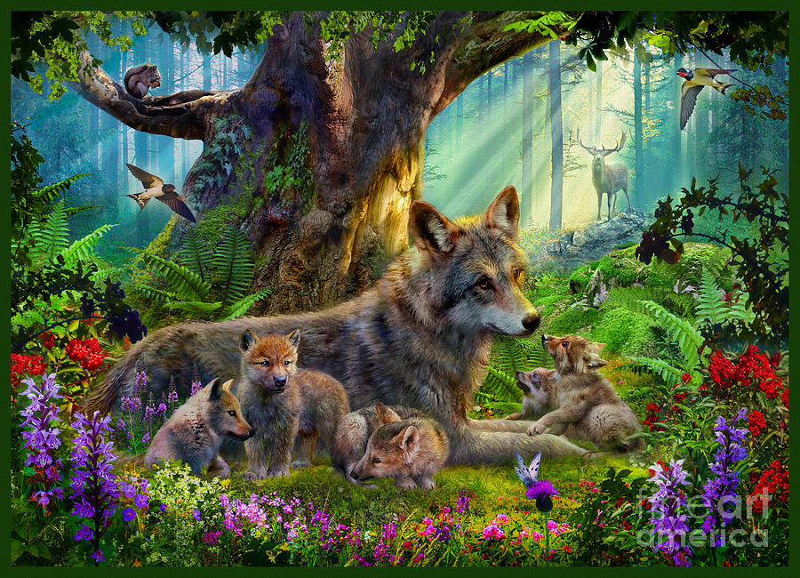 Wolves Digital Art - Wolf and Cubs by MGL Meiklejohn Graphics Licensing