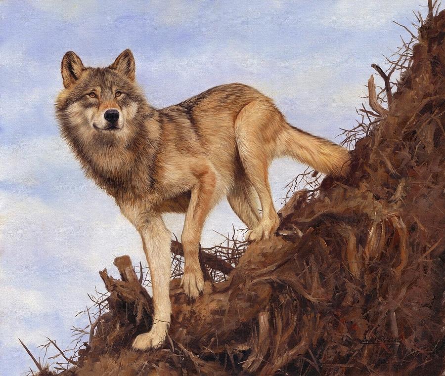 Wolves Painting - Wolf and Tree Root by David Stribbling