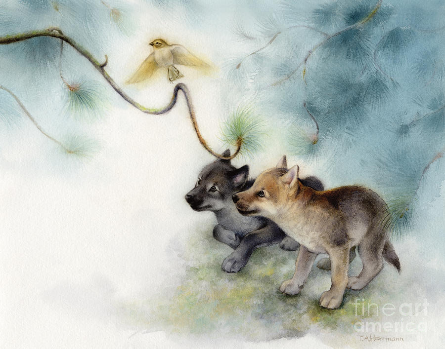 Wolf Pups and Sparrow Painting by Tracy Herrmann