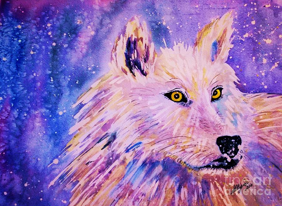 Winter Painting - Wolf  - White Wolf  - Aurora Nights by Ellen Levinson