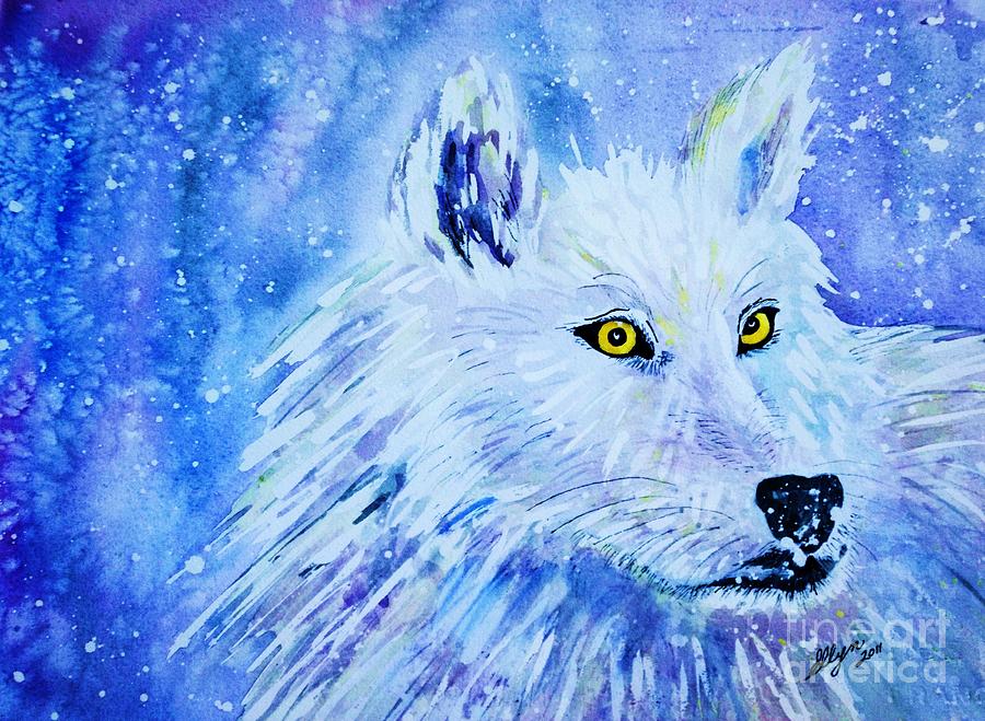 Wolf - White Wolf - Aurora Nights in Blues Painting by Ellen Levinson