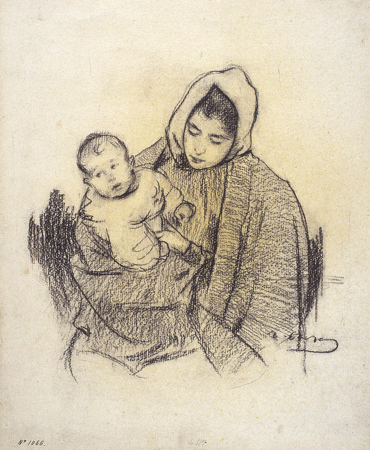 Woman and Child Drawing by Ramon Casas