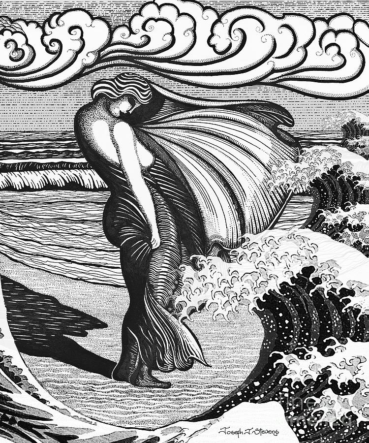 Woman and Wave Drawing by Joseph J Stevens