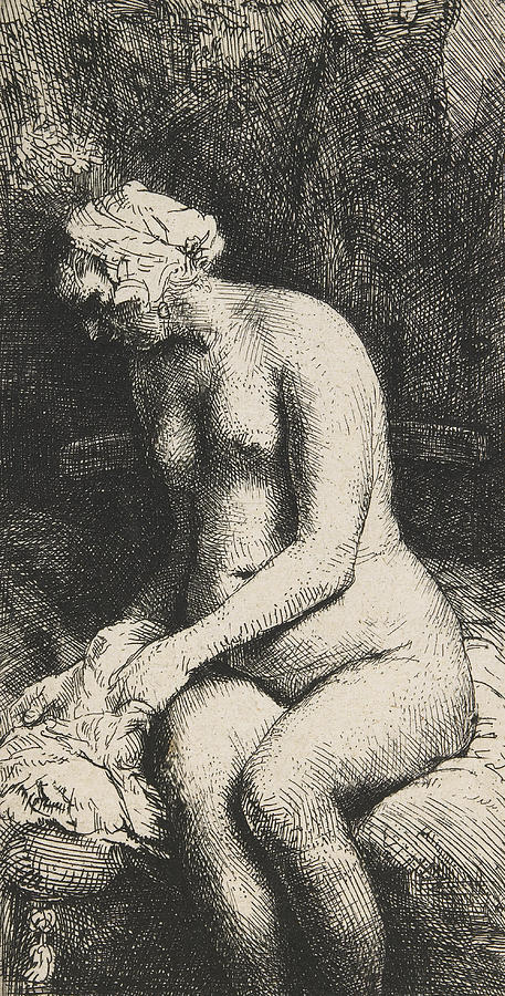 Woman Bathing Her Feet at a Brook Drawing by Rembrandt