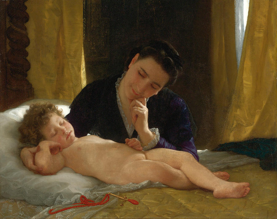 Woman Contemplating Her Infant Son Painting by William-Adolphe Bouguereau