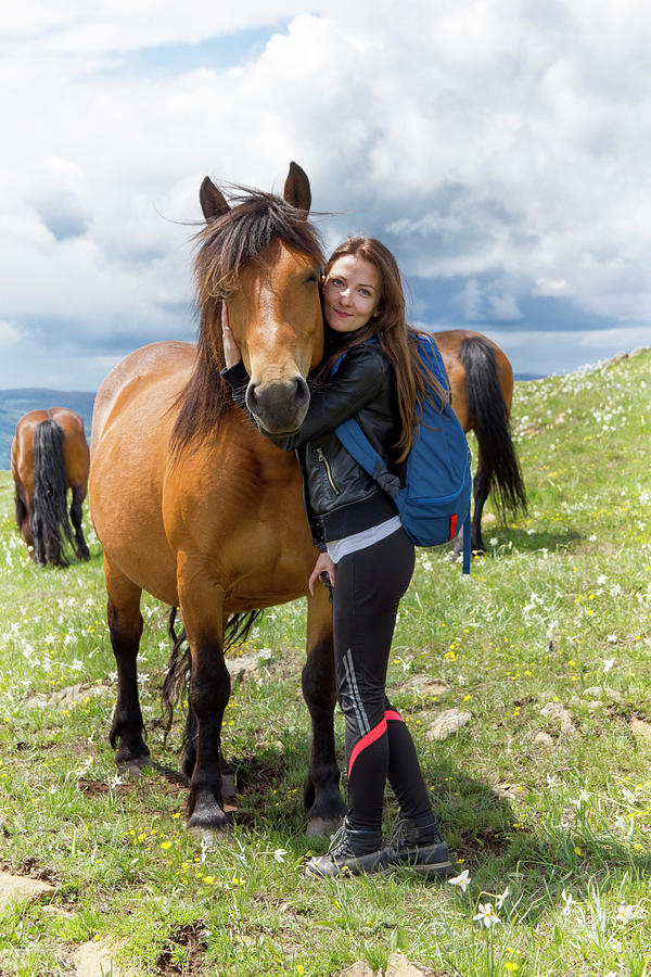 Nature Photograph - Woman Embracing Horse At Mountain by Marko Radovanovic