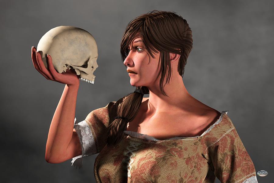 Woman Examining a Skull. Digital Art by Daniel Eskridge
