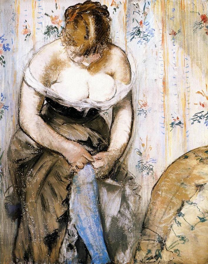 Edouard Manet Painting - Woman fastening her garter by Edouard Manet