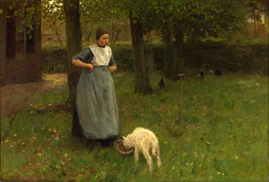 Anton Mauve Painting - Woman from Laren with lamb by Anton Mauve