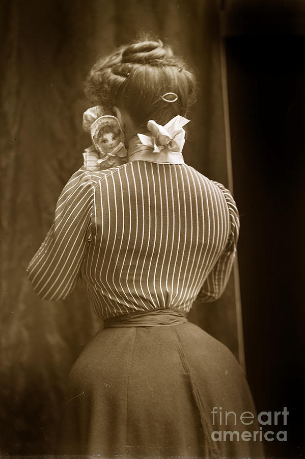 Doll Photograph - Victorian Woman holding a doll with a wasp waist look 1900 by Monterey County Historical Society
