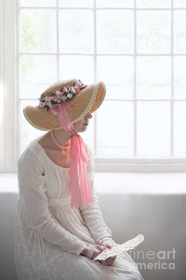 Flower Photograph - Woman In A Regency Period Empire Line Dress With Straw Bonnet Si by Lee Avison